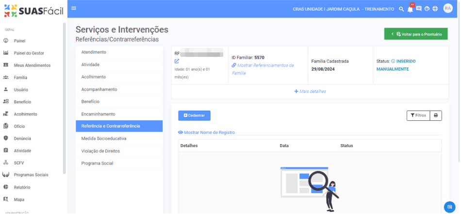 Tela de referência e contrarreferência dentro do prontuário da família